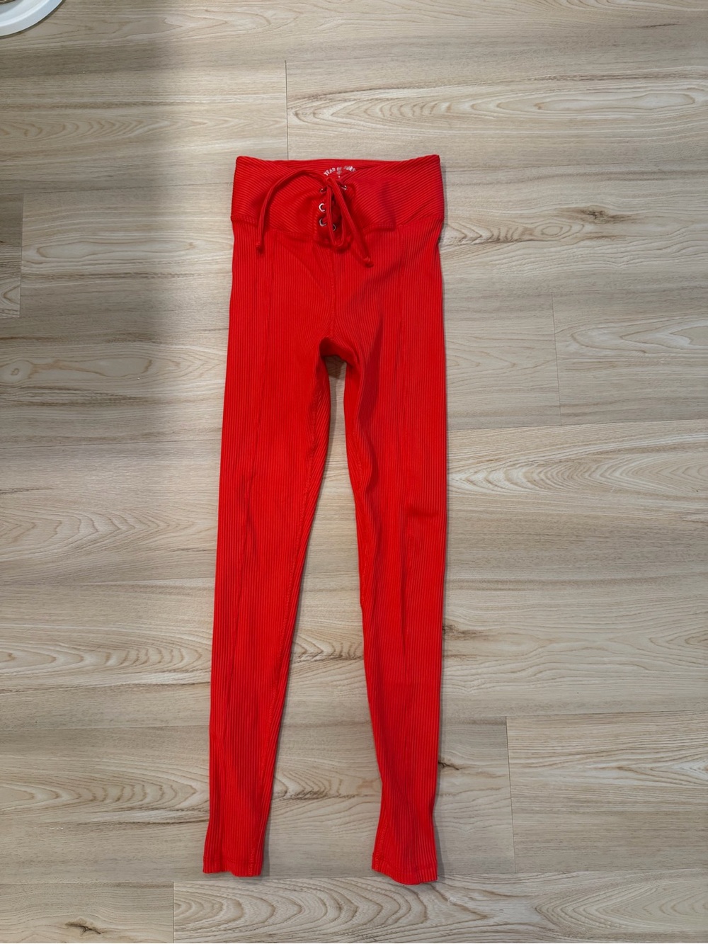 Red Ribbed Leggings with Drawstring Waist